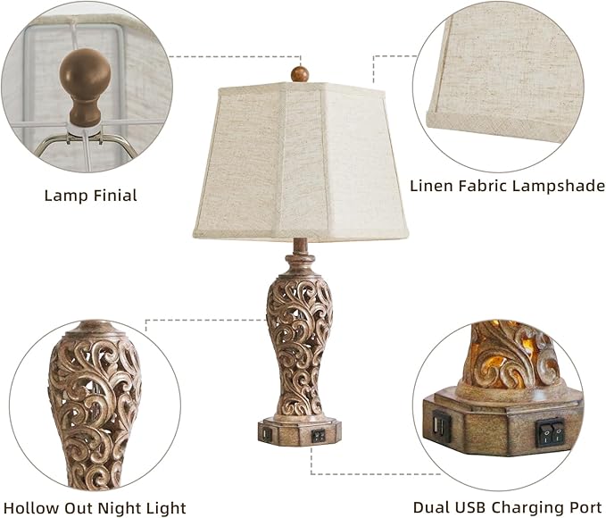 Set of 2 Rustic Table Lamps for Living Room Bedroom, 2 USB Ports 25'' Vintage Farmhouse Desk Lamp with Nightlight, Brown Hollow Out Resin Lamp for End Table (Bulbs Included)-Ruum Studio Home