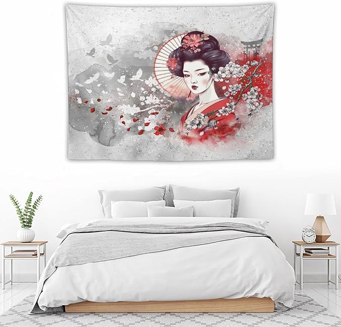 Japanese Geisha Tapestry Asian Red Cherry Blossom Traditional Kimono Folk Tapestries Home Decor for Living Room Bedroom Apartment Farmhouse Dorm 40"x30"-Ruum Studio Home