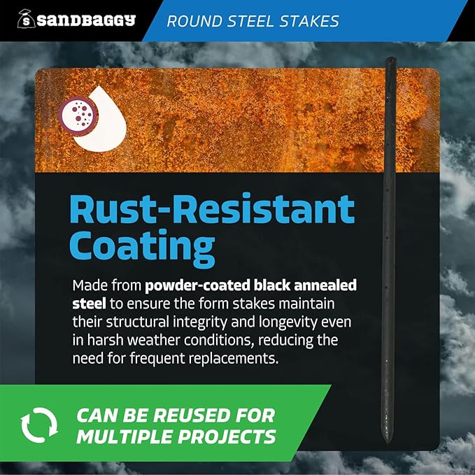 Sandbaggy Round Steel Concrete Form Stakes with Nail Holes - Rust Resistant Coating - Removable, Reusable (20, 3/4 in X 24 in)-Ruum Studio Home