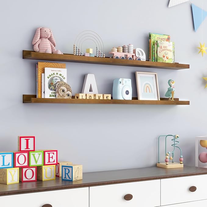 Picture Ledge Wall Shelves 48 inch Width Set of 2, Solid Pine Wood Rustic Floating Ledge Shelves for Wall for Kids' Room Bedroom Kitchen Bathroom Living Room Nursery Display Wall Decor, Walnut-Ruum Studio Home