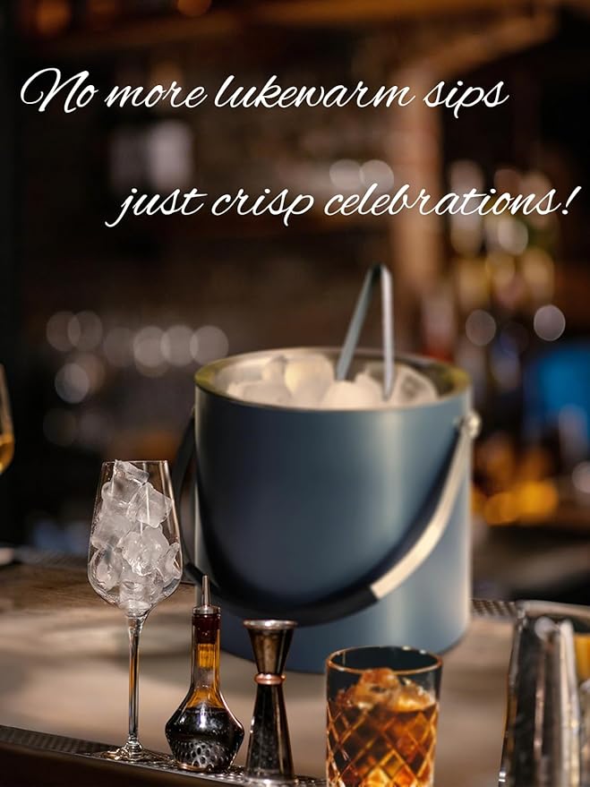 4L Ice Bucket with Silicone Lid, Scoop, Tongs & Strainer, Stainless Steel Double Wall Insulated Ice Buckets for Parties & Cocktail Bar, Outdoor Champagne Ice Container Bin, Navy-Ruum Studio Home
