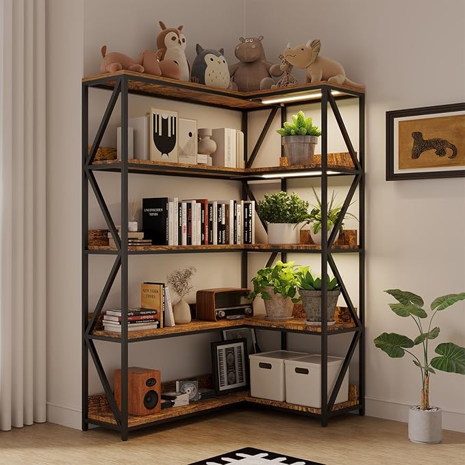 Large Farmhouse Style 5 Tiers Corner Bookshelf with Grow Light, Extra Wide Plant Stand & Bookcase for Home Office 、Craft Space、Living Room, Rustic Wooden Corner Shelf for Indoor Plants-Ruum Studio Home