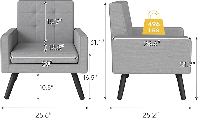 Kromax Mid-Century Modern Accent Chair for Living Room, 496 Lb. Weight Capacity, Dual Armrests, Comfy Extra Large Seat, Timeless Style Perfect for Reading & Relaxing, Light Grey-Ruum Studio Home
