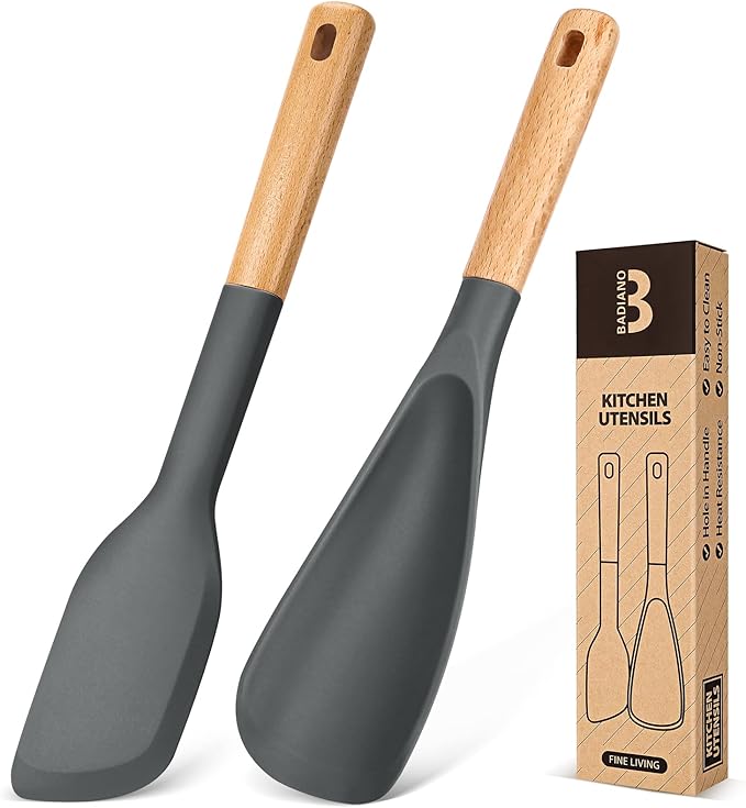 Cooking Spoon and Scraper for Nonstick Cookwares, Great for Cooking and Serving Durable BPA-Free Matte Silicone, Wood Handle Multifunction Spoon for Mixing, Scoop, and Scrape (GREY)-Ruum Studio Home