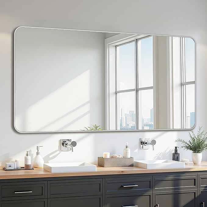 Bathroom Mirror 60" x 30", Large Rectangle Wall Mirror, Silver Metal Frame Wall Mounted Mirrors for Bathroom, Vanity, Bedroom, Entryway Decor(Horizontal/Vertical)-Ruum Studio Home
