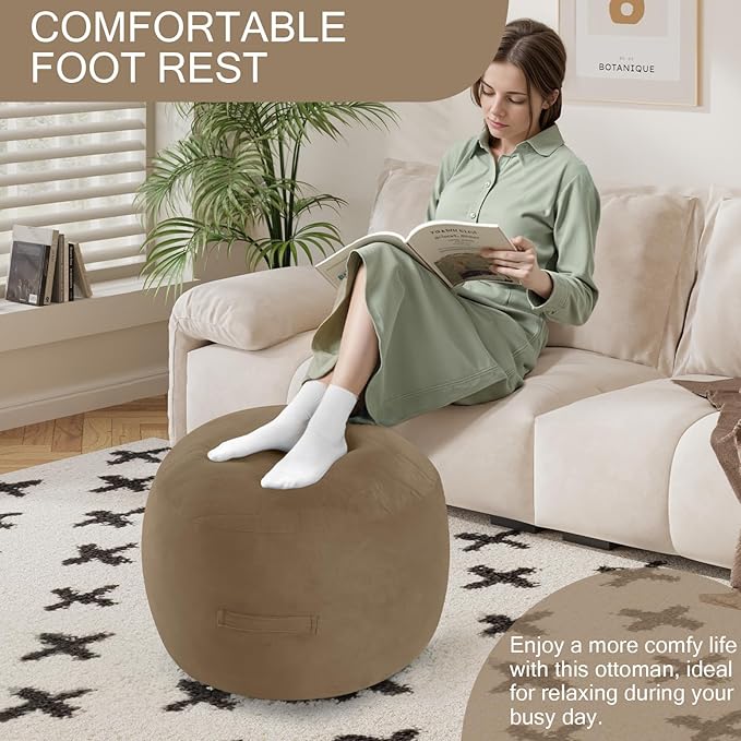 MeMoreCool Round Stuffed Pouf Ottoman Foot Rest, Floor Pouf Foot Stool with Soft Foam Chunk Filling, Small Round Ottoman Footstool Circle Footrest for Living Room, Light Coffee-Ruum Studio Home