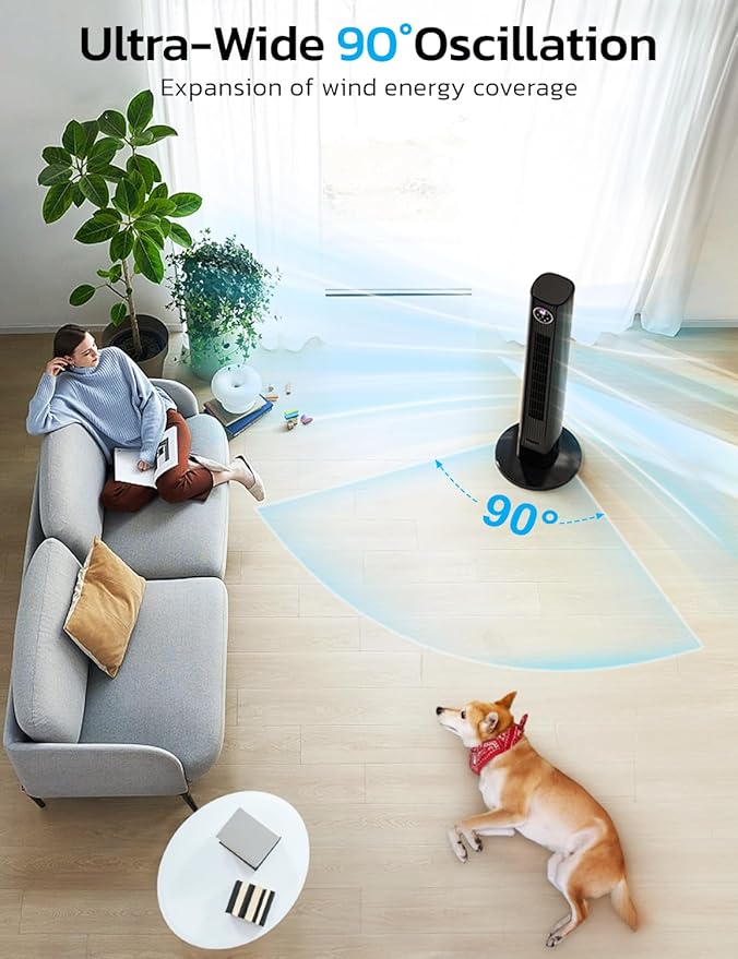 ZAFRO Tower Fan for Bedroom, 90° Oscillating Fan with 12H Timer, 37”Standing Fans with Remote, Bladeless Fan with 4 Modes & 3 Speeds, Black-Ruum Studio Home