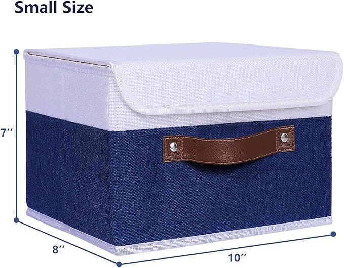 ANMINY 4PCS Storage Boxes with Lid Washable Decorative Storage Bin Basket with PU Leather Handle Foldable Linen Fabric Storage Cube Container for Home Closet Organizer - Deep Blue White, Small Size-Ruum Studio Home