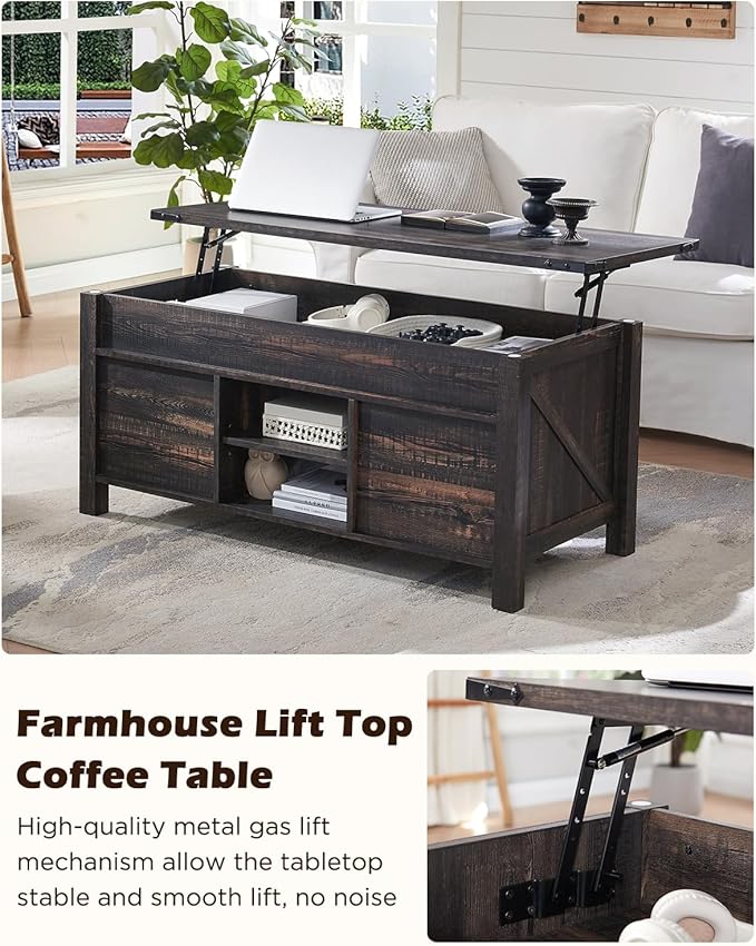 OKD 48" Farmhouse Lift Top Coffee Table with Sliding Barn Door,Rustic Center Table with Hidden Storage Compartment,Lifting Tabletop and Adjustable Shelf for Living Room,Office,Dark Rustic Oak-Ruum Studio Home