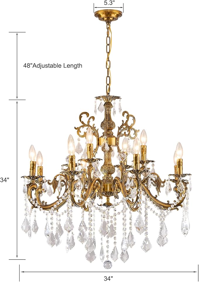 Vintage 8 Arms Crystal Chandelier Candle Light Fixture for Dining Room Living Room Bedroom Hallway Entryway Antique Gold Finish (34"-12 Lights)-Ruum Studio Home