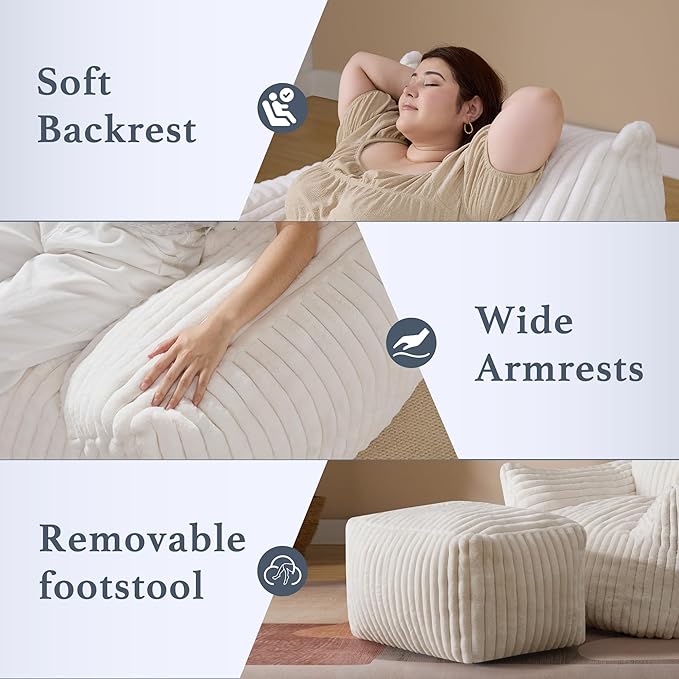 Oversized Bean Bag Chaise Lounge Chair Indoor for Adults with Armrests & Ottoman - Giant Comfy Beige Beanbag Lazy Floor Sofa Cloud Accent Chair for Reading, Gaming, Cozy Fluffy Cloud Mini Couch-Ruum Studio Home