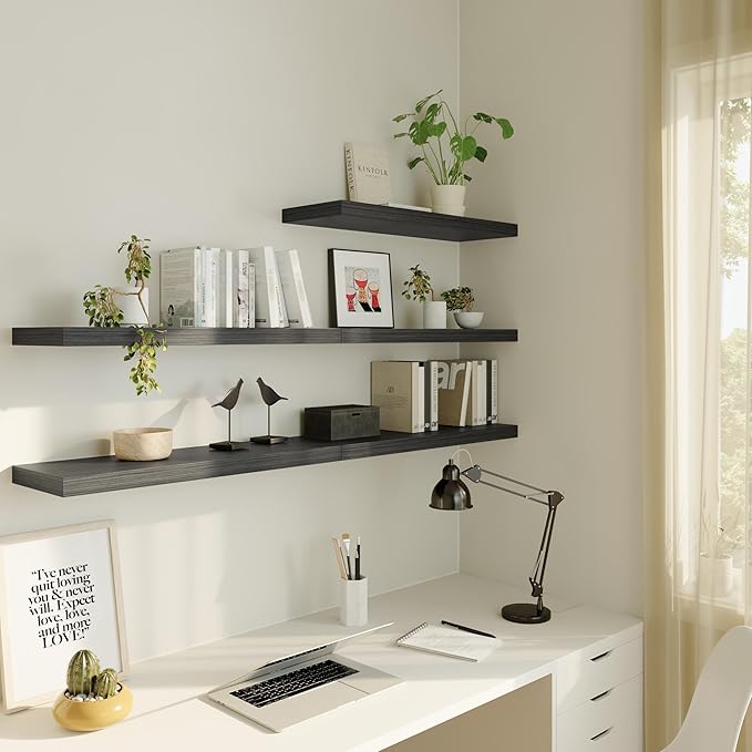 Large Floating Shelves for Wall Set of 2 Wooden Wall Shelves 30 in x 12.75 in x 2 in Room Decor Long Shelf with Invisible Wall Mount Bracket for Bedroom Kitchen Living Room Black Wood-Ruum Studio Home