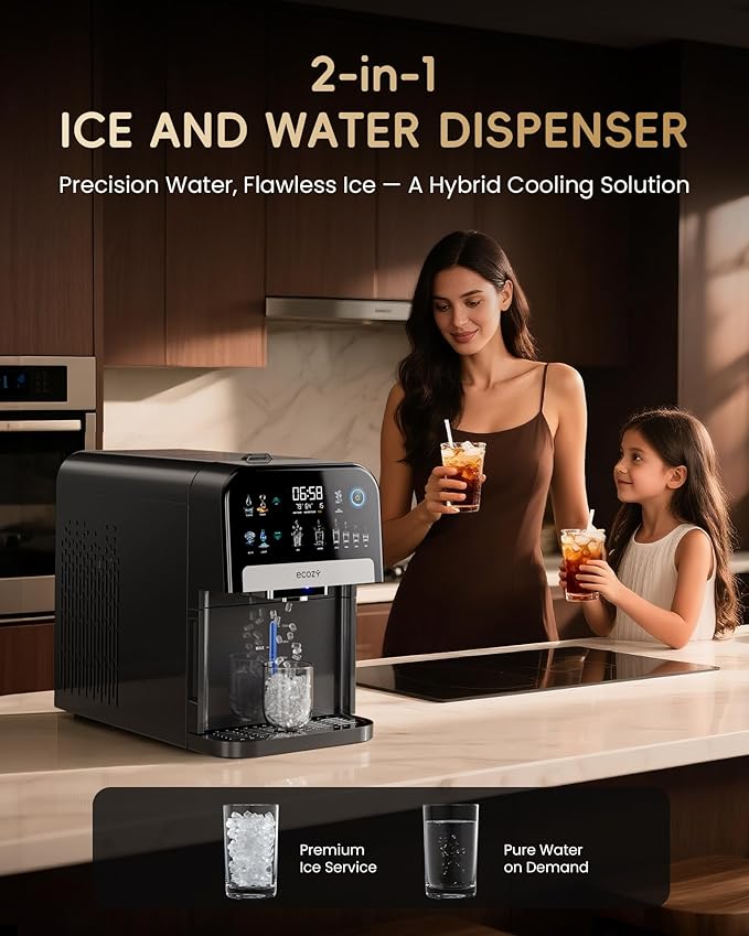 ecozy Nugget Ice Maker Dispenser, Smart 2-in-1 Pebble Ice Machine Countertop & Water Dispenser with App Control, Self-Cleaning, Auto Lighting, TDS Monitor, Measured Dispensing, 33Lbs/Day-Ruum Studio Home