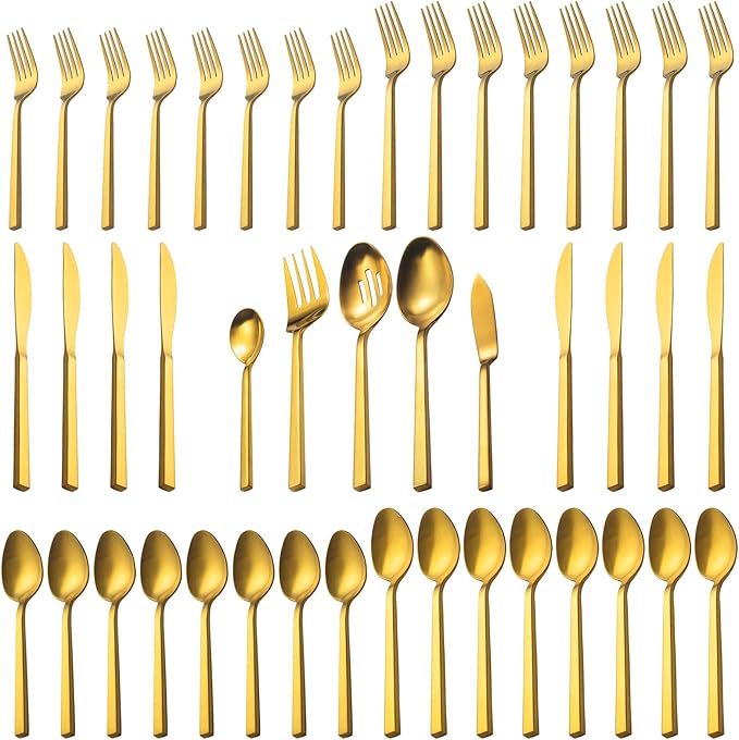 Alata Cube Gold 45-Piece Flatware Set, Forged Cutlery Set, Matte Gold Silverware Service for 8, Stainless Steel Tableware with Square Handle for Home/Restaurant, Dishwasher Safe-Ruum Studio Home