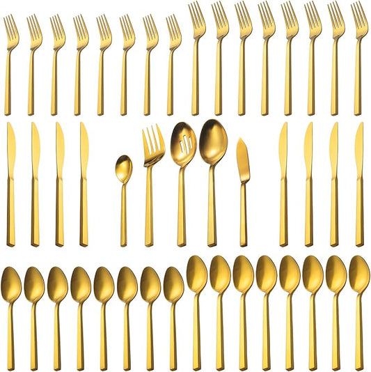 Alata Cube Gold 45-Piece Flatware Set, Forged Cutlery Set, Matte Gold Silverware Service for 8, Stainless Steel Tableware with Square Handle for Home/Restaurant, Dishwasher Safe-Ruum Studio Home