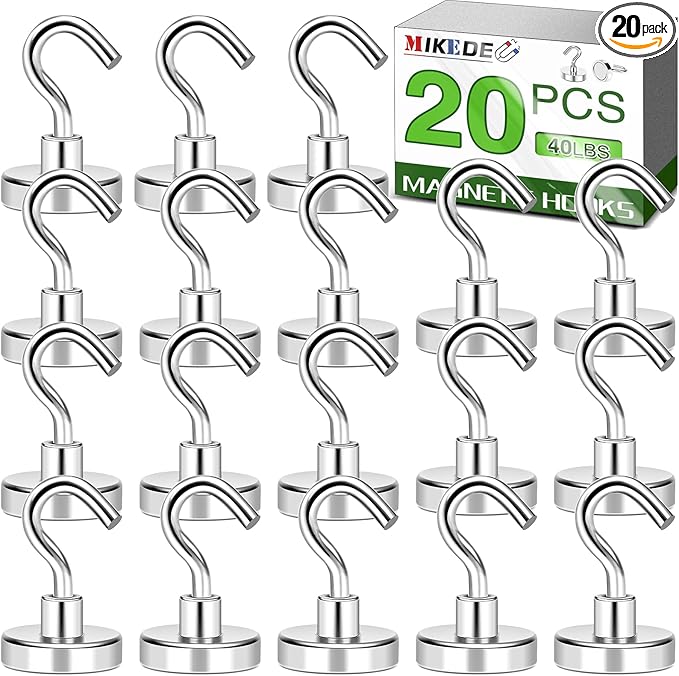 MIKEDE Magnetic Hooks Heavy Duty, 40lbs Earth Magnets with Hooks for Refrigerator, Strong Magnets with Rust Proof Metal Hooks for Cruise Cabins, Classroom, Outdoor - Pack of 20-Ruum Studio Home