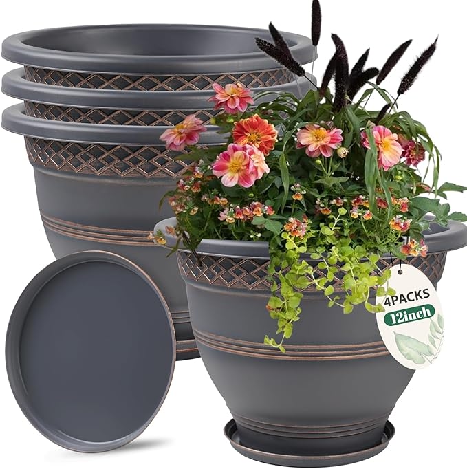 4 Pack 12 Inch Large Plant Pots, Plastic Flower Pot for Indoor & Outdoor with Drainage Holes & Saucer, Plaid Pattern Planters Garden Pots for Herbs Bronze-Ruum Studio Home