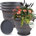 4 Pack 12 Inch Large Plant Pots, Plastic Flower Pot for Indoor & Outdoor with Drainage Holes & Saucer, Plaid Pattern Planters Garden Pots for Herbs Bronze-Ruum Studio Home