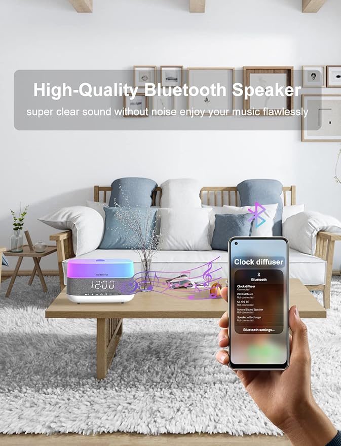 Versatile Essential Oil Diffuser, 300ml Aroma Diffuser with Bluetooth Speaker and Alarm Clock, 7 Colors LED Light Aromatherapy Diffusers & Cool Mist Humidifier 3-Level Brightness, Auto-Off Protection-Ruum Studio Home
