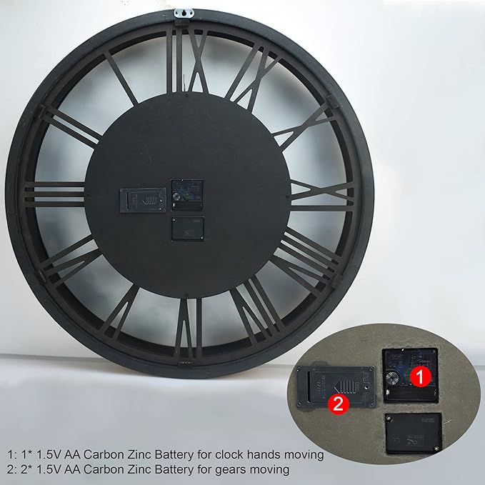 27 inch Large Real Moving Gears Wall Clock with Toughened Glass Cover, Oversized Solid Wood Retro Farmhouse Clock, Giant Decorative Rustic Wall Clock for Living Room Home Kitchen Office (Black)-Ruum Studio Home
