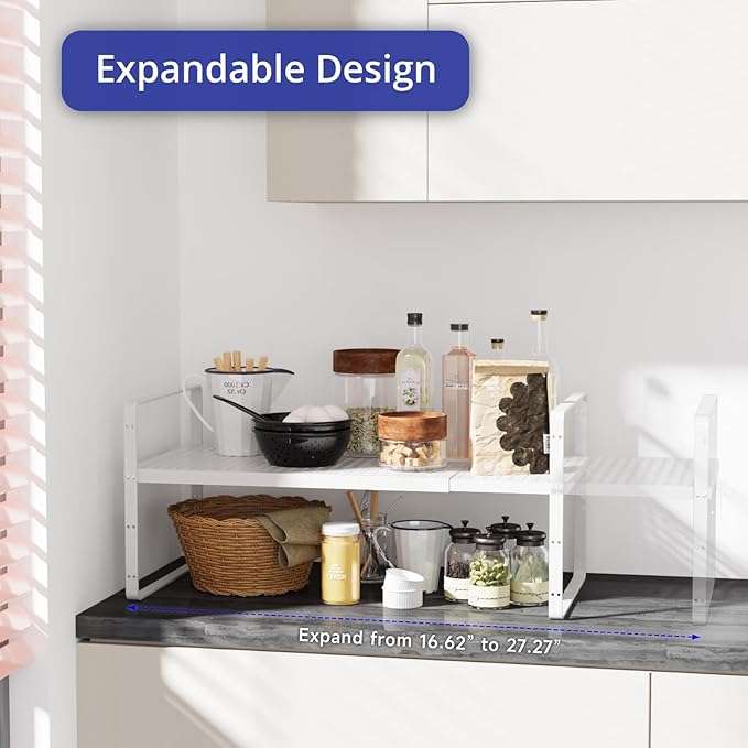 Expandable Kitchen Shelf Organizers, Kitchen Cabinet Organizer Stand Rack Organization for Countertop Cupborad Pantry, White 3 Pack-Ruum Studio Home
