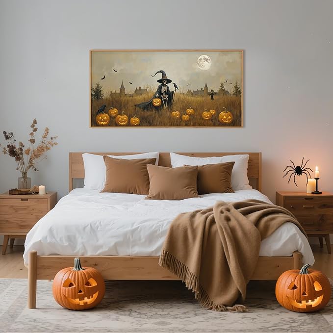 Celestdeco Halloween Ghost Reaper Framed Wall Art Set, Scary Witchy and Pumpkin Wall Decor, Horror Night Wall Painting,Full Moon Bats Art Prints for Living Room,Bedroom,Halloween Themed Party Decor-20"×40"-Ruum Studio Home