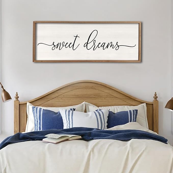 Sweet Dreams Wall Decor Above Bed 40''×15'' Master Bedroom Large Sweet Dreams Sign Farmhouse Wall Decor Guest Room Wood Rustic Framed Over Bed Wall Art Hanging Decoration (Wood White)-Ruum Studio Home