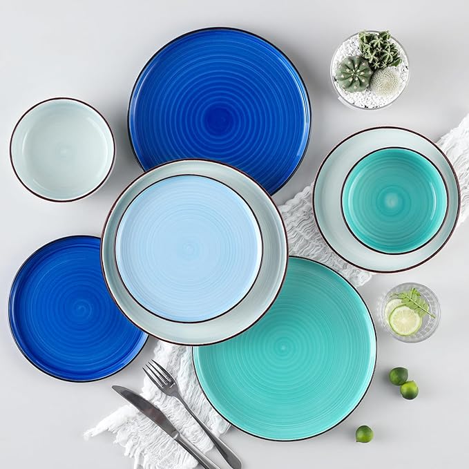 vancasso Bonita Blue Dinnerware Sets, Plates and Bowls Set for 4, 12 Pieces Stoneware Dinnerware Set, Dishwasher and Microwave Safe-Ruum Studio Home