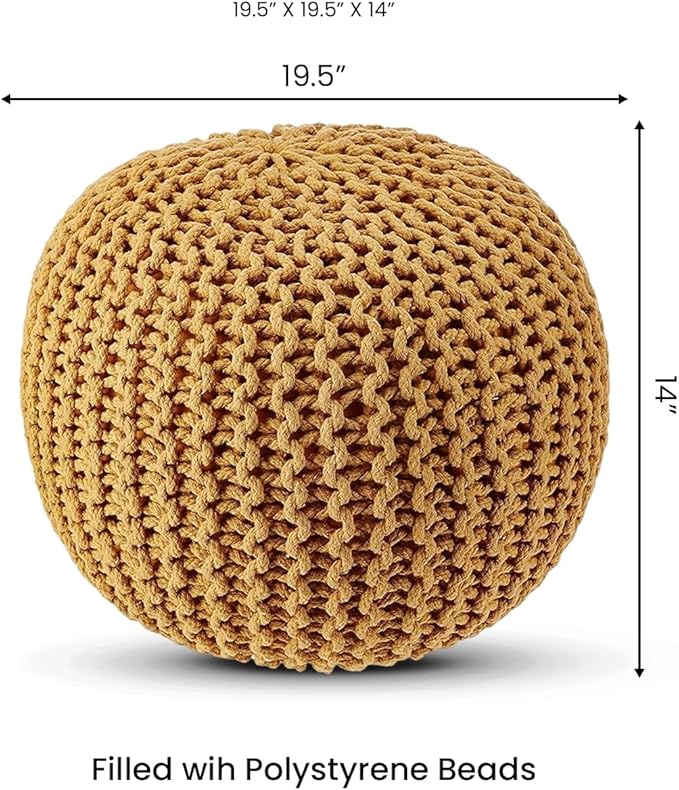 REDEARTH · Round Pouf Ottoman - Hand Knitted Cable Boho Poof Home Décor Pouffe Circular Footrest for Living Room - Bedroom - Lounge - Nursery - 100% Cotton Poufs (19.5"x19.5"x14") - Mustard-Ruum Studio Home