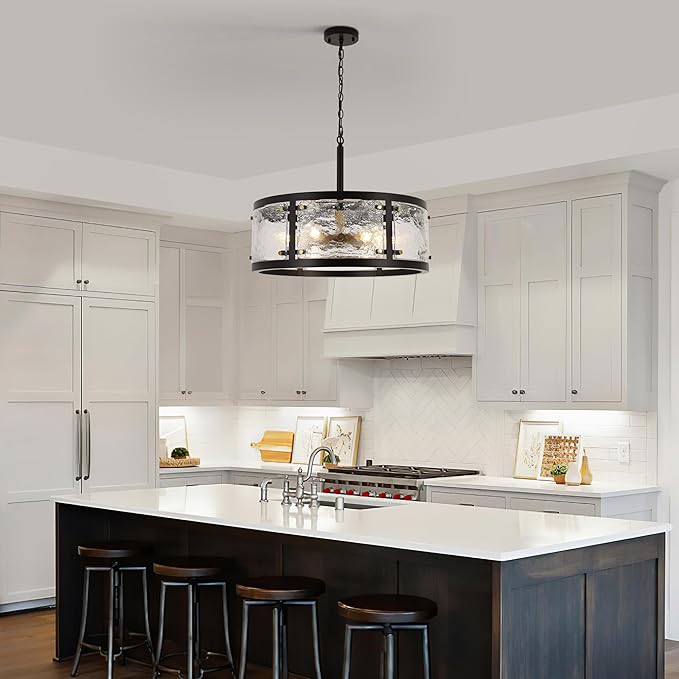 23.6" Large Farmhouse Drum Black Chandelier, 6-Light Vintage Round Glass Chandeliers for Dining Room, Industrial Light Fixture for Kitchen Living Room Stairwell, Clear Waterglass Drum Shade-Ruum Studio Home