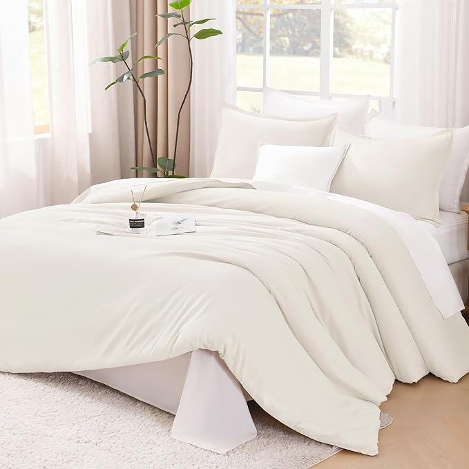 Litanika Ivory Comforter Set Full Size, 3 Pieces Lightweight Solid Bedding Comforter Set, All Season Fluffy Bed Set (79x90In Comforter & 2 Pillowcases)-Ruum Studio Home