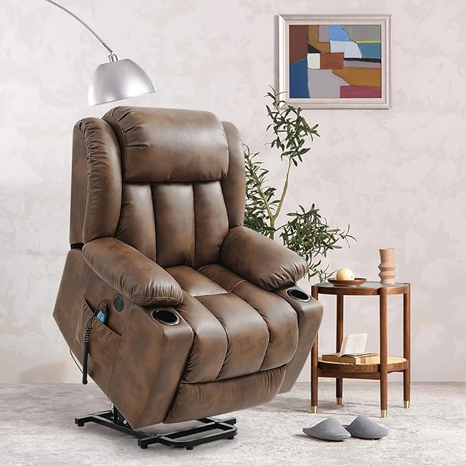 Power Lift Recliner Chair for Elderly Breathable Leather Recliner Chair with Massage and Heat for People Limited Mobility,2 Cup Holders,Electric Stand Assist,USB Ports,Gifts for Family (Ochre)-Ruum Studio Home