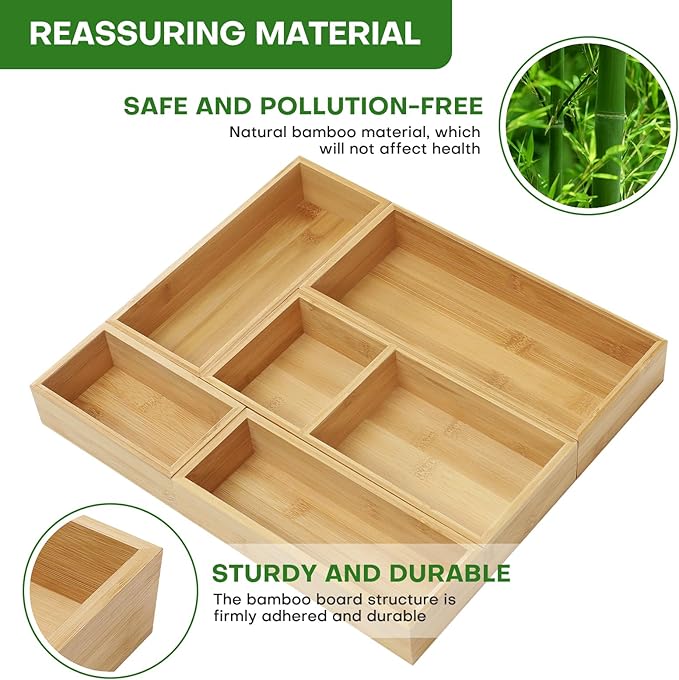 Bamboo Drawer Organizer Set, 5 PCS Multi-Use Individual Wood Storage Organizers, Junk Drawer Divider and Storage Trays Containers for Kitchen, Bathroom, Office Desk, Makeup, Jewelry, Utensils-Ruum Studio Home