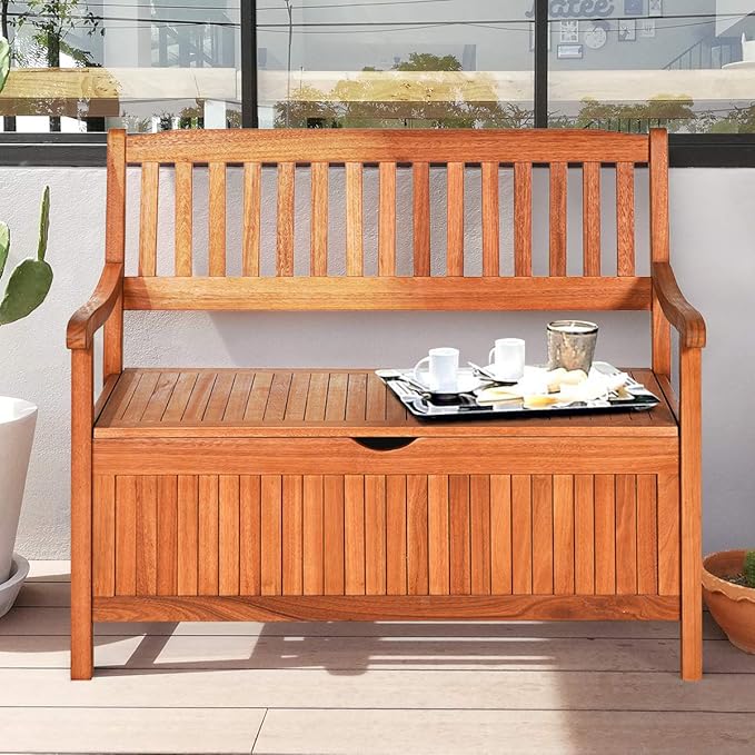 Tangkula Outdoor Wood Storage Bench Deck Box, Entryway Porch Storage Bench with Inner Removable Dust-Proof Lining & Portable Handles, Eucalyptus Wood Loveseat for Garden, Lawn, Balcony & Yard-Ruum Studio Home