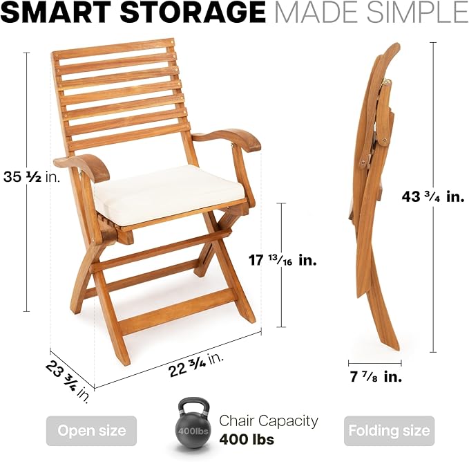 IDZO, Percy Chairs Heavy Duty 400lbs Capacity Set of 2 w/Cushion, FSC Acacia Outdoor Furniture, Teak Finish, Fully Assembled, Wood Folding_Beige-Ruum Studio Home