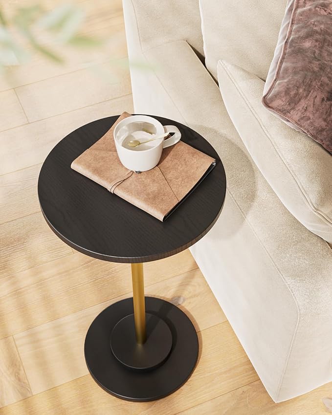 Masupu Drink Table, Round Side Table for Small Spaces, Pedestal Side Table, Small End Table with Metal Base, for Living Room, Bedroom, Bathroom, Black Gold-Ruum Studio Home