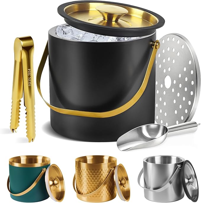 Ice Bucket, Ice Bucket with Silicone Sealing Ring Double-Wall Vacuum Insulation Champagne Buckets with Filter Layer Ice Tongs Ice Scoop (Black, 4 L)-Ruum Studio Home