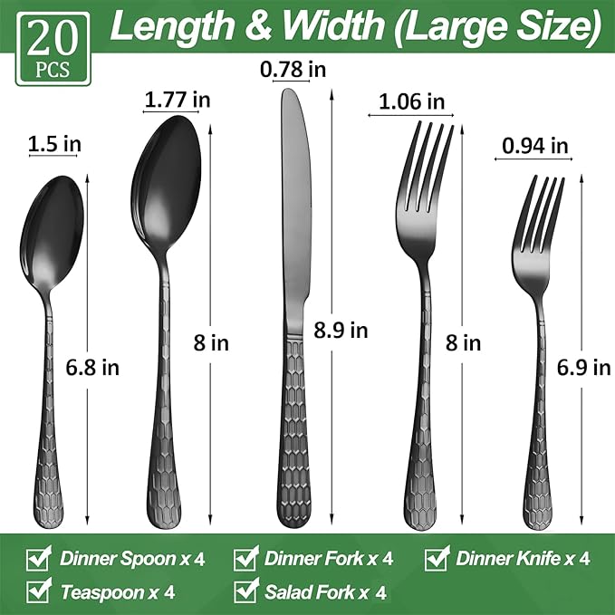 20 Pcs Black Silverware Set for 4 with Water Cube Handle design, Food Grade Stainless Steel Flatware Set, Eating Utensils Sets Include Fork/Knife/Spoon, Reusable Cutlery Set, Dishwasher Safe-Ruum Studio Home