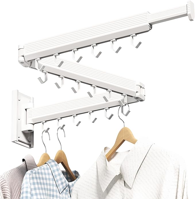 Laundry Rack Wall Mounted,Clothes Drying Rack,Drying Rack Clothing,Clothes Rack,Laundry Hanger Rack,Laundry Drying Rack,Drying Rack Wall Mounted,Retractable ,Collapsible,White Color（J-type Hooks）-Ruum Studio Home