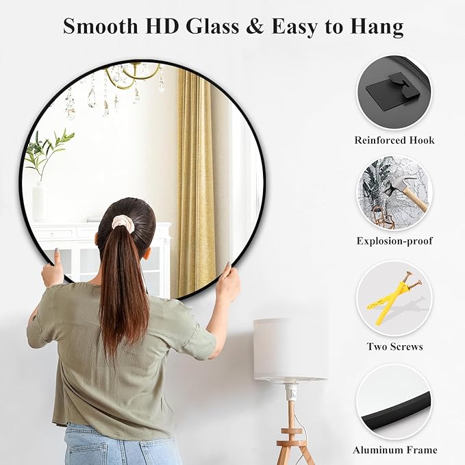 Fabuday Black Round Mirror 30 Inch - Large Circle Mirror for Bathroom, Living Room, Hallway, Entryway, Matte Aluminum Frame Circular Mirrors for Wall Decor-Ruum Studio Home