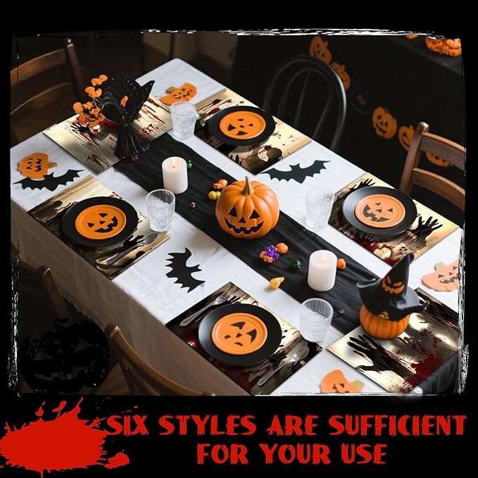 Umigy 6 Pcs Halloween Placemats 12"x18" Gothic Bat Placemats Kitchen Decoration Washable Witch Place Mats Rectangle Skull Table Mats for Halloween Dining Table Accessories (Bloody Hands Style)-Ruum Studio Home