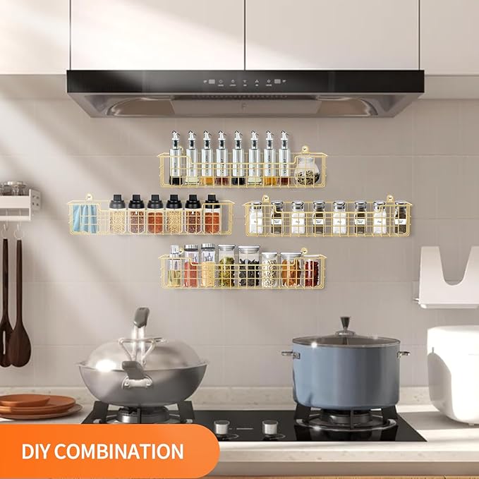 Spice Rack, 4-Pack Seasoning Organizer Wall Mount for Kitchen Storage Organization, Spice Holder Shelf Saving Space for Cabinet, RV, Pantry, Gold-Ruum Studio Home