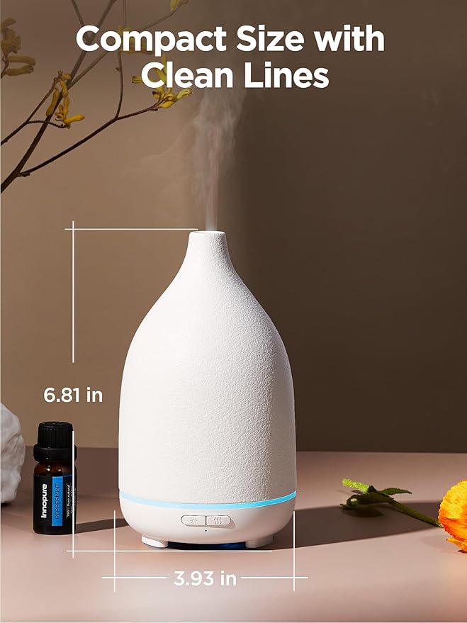 InnoGear Oil Diffuser, 150ML Ceramic Diffuser for Essential Oils Handcrafted Aromatherapy Diffuser Ultrasonic Cool Mist Humidifier with 2 Mist Modes Waterless Auto Off for Room Office, White Base-Ruum Studio Home