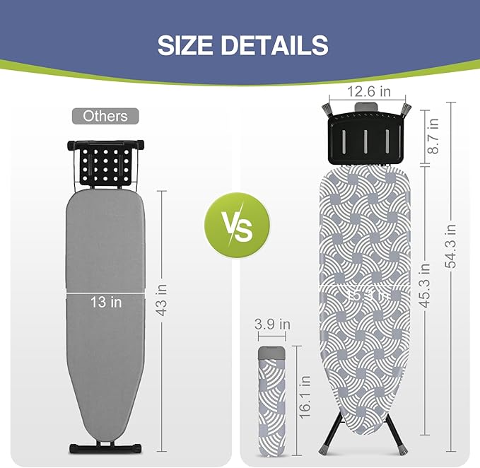 APEXCHASER Ironing Board, Full Szie Iron Board with Iron Rest,Height Adjustable,Extra Thick Heat Resistant Cover with Sleeve Board 15x45 Blue-Ruum Studio Home