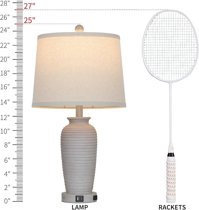 25“ Traditional Table Lamps Set of 2, Bedside Touch Lamp with USB C+A Charging Ports, Rustic Farmhouse Jar Table Lamps for Living Room Bedroom, Side Table Lamp with Beige Fabric Shade, Antique Grey-Ruum Studio Home