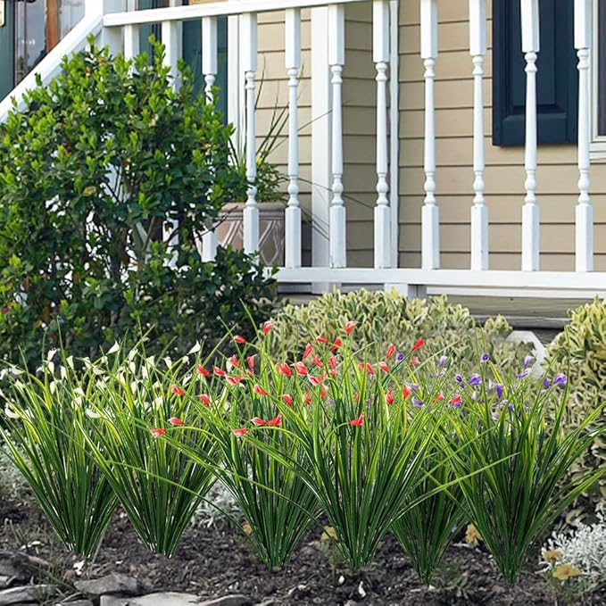 Melorca&Guilla Artificial Plants Outdoor 6PCS 23“ Fake Tall Grass,Fake Outdoor Plants,Faux Plants with Flowers for Garden Porch Window Box Shop Office Home Décor-Ruum Studio Home