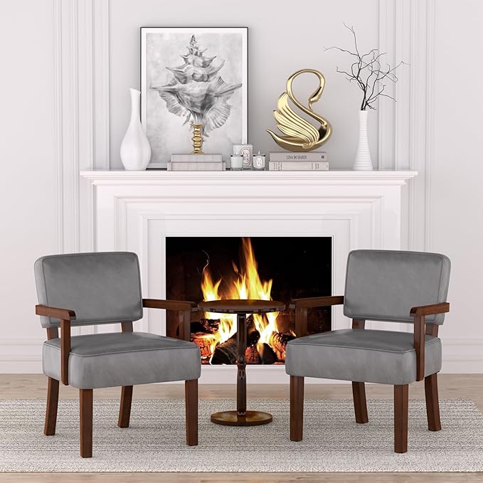 Accent Chair, PU Leather Oversized Living Room Chairs with Soft Seat and Armrests, Armchair for Bedroom, Dinning, Reading and Waiting Rooms (Leather Gray)-Ruum Studio Home