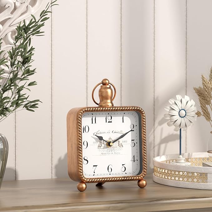 Vintage Gold Table Clock on Stand, Desk and Shelf Decor Clock, French Rustic Style Non-Ticking Mantel Clocks for Farmhouse, Living Room, Bedroom, Bedside, Gift (8.5" H x 5.5" W)-Ruum Studio Home