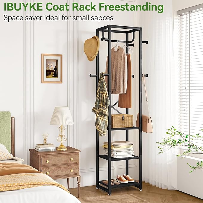 IBUYKE Coat Rack with Shelves, Freestanding Hall Tree with 3 Shelves and 8 Hooks, Industrial Clothes Stand for Entryway, Hallway, Bedroom, Black UTMJ088B-Ruum Studio Home