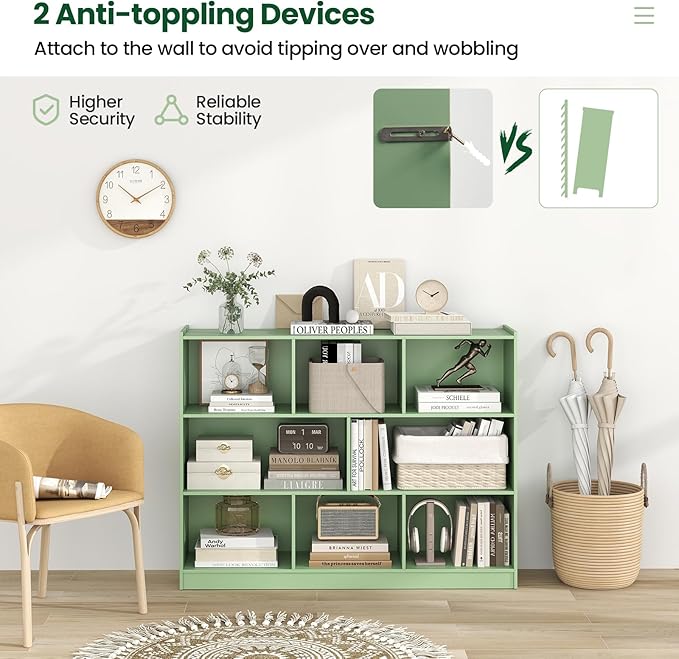 Tangkula 8-Cube Bookcase, Wood 3 Tier Open Storage Bookshelf, Modern Multipurpose Display Cabinet for Living Room, Study, Reading Nook, 48 x 12.5 x 36.5 Inch (Green)-Ruum Studio Home
